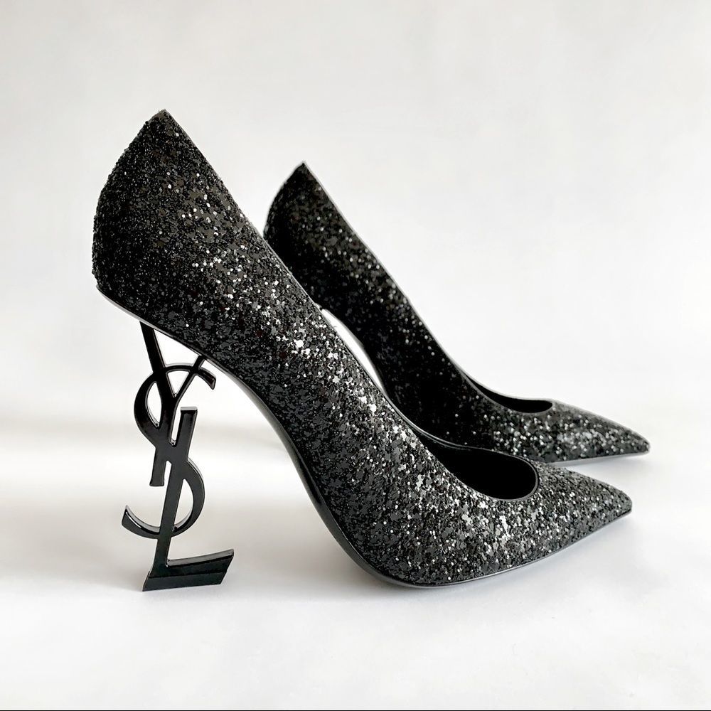 YSL SAINT LAURENT Opium Glitter Heels Pumps 8 Sparkle Designer Black …